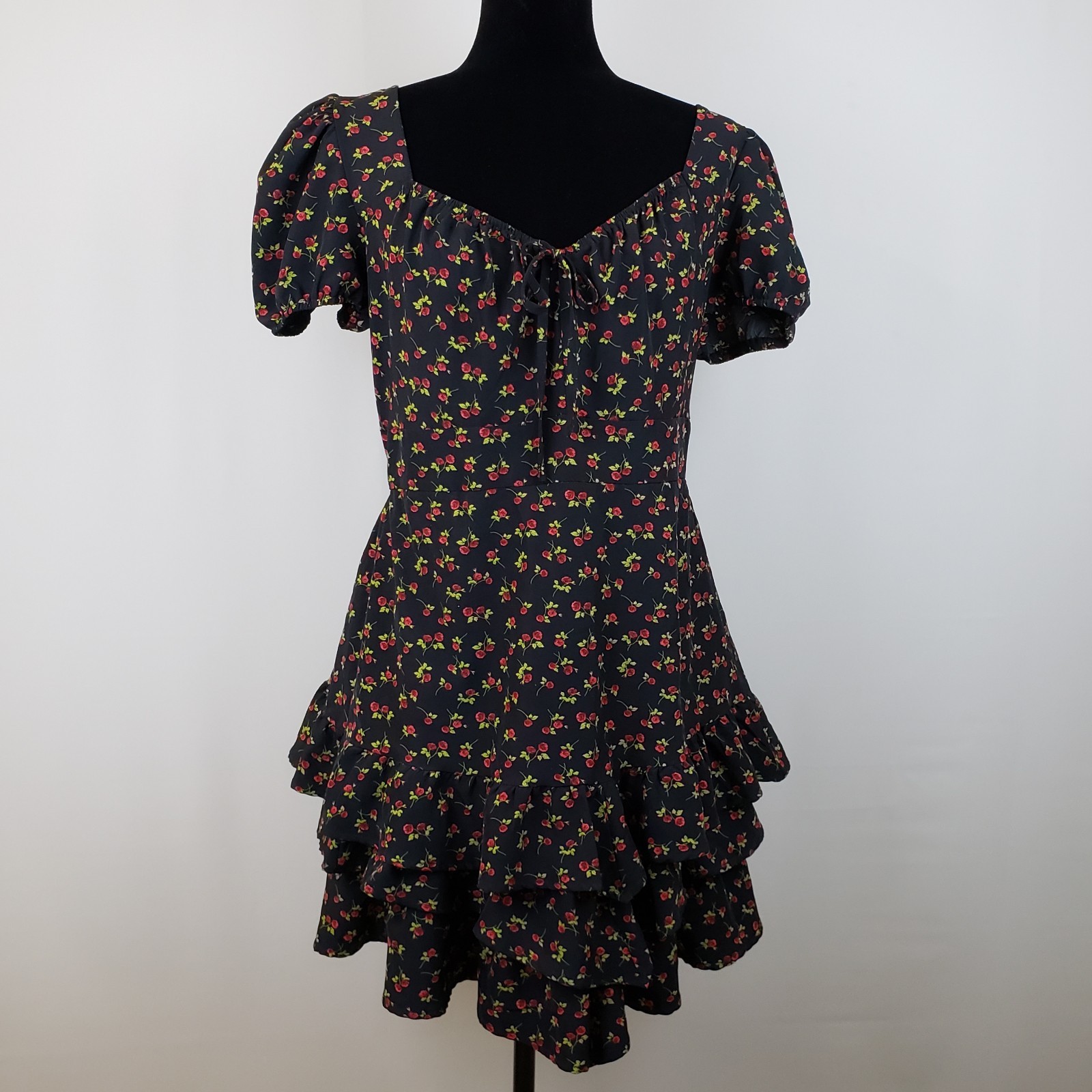 Hesperus Dress XL [10/12] Black Babydoll Mini Rose Print Milkmaid Coquette