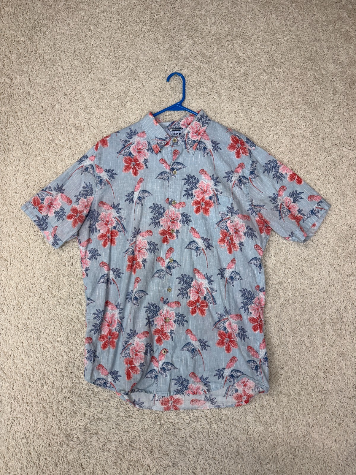 Izod Saltwater Shirt Mens XLT Blue Bird Print Tropical Cruise Vacation Beach