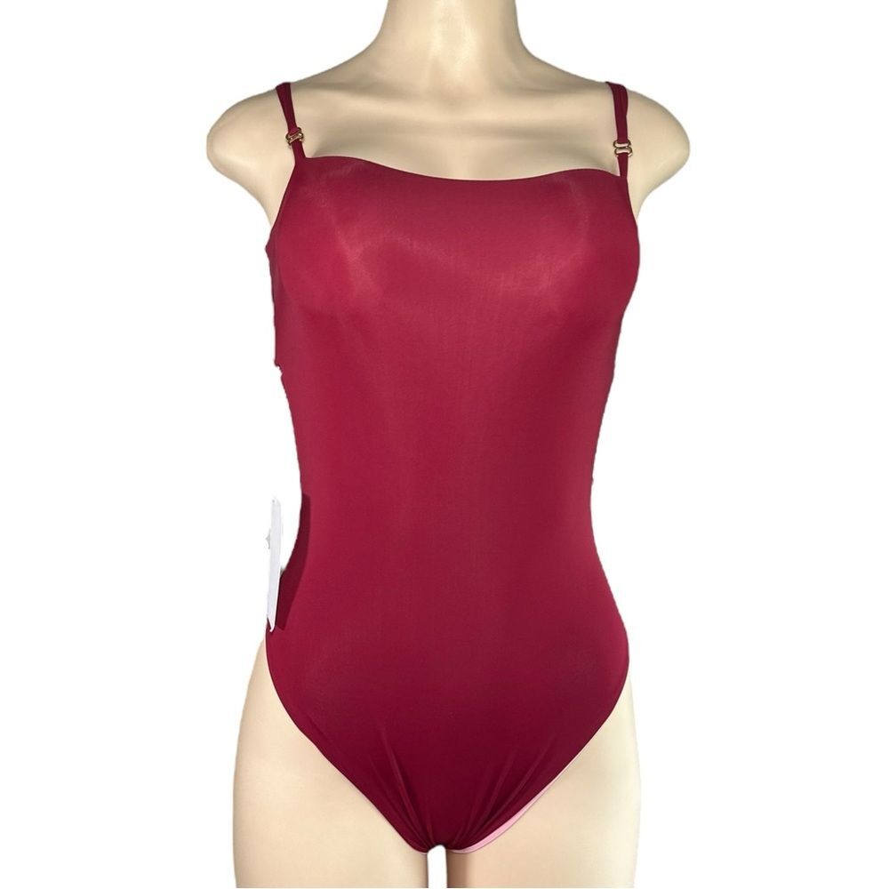 NWT FLEURSWIM Wine Red / Light Pink One Piece Square Neck Tie-Back Size: Small
