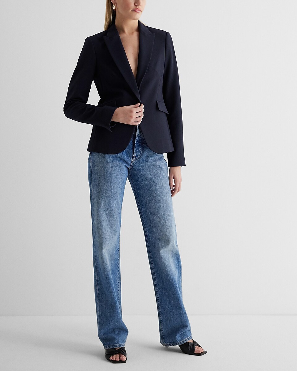 NEW EXPRESS $148 BLACK EDITOR STUDIO STRETCH TWILL FITTED ONE BUTTON BLAZER XS