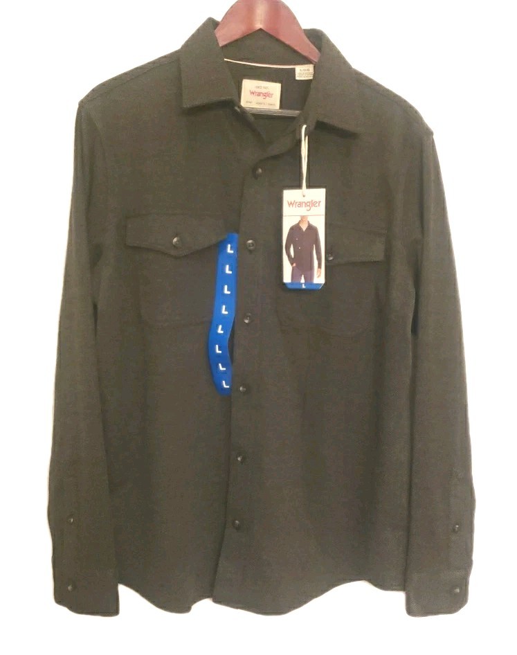 Wrangler Flannel Knit Men’s Shirt Button Down Size: Large 2-Way Stretch,Gray NWT