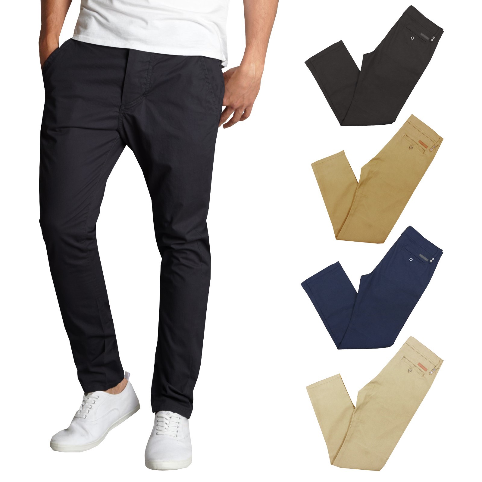Mens Chino Pants Cotton Stretch Slim Fit Belt Zip Fly Trouser Casual Work School