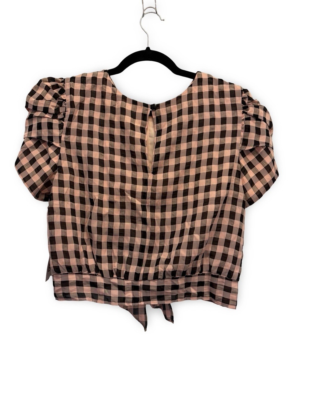 NWT Cosmopolitan x Dress the Population Plaid Tie Front Puff Sleeve Top Womens L