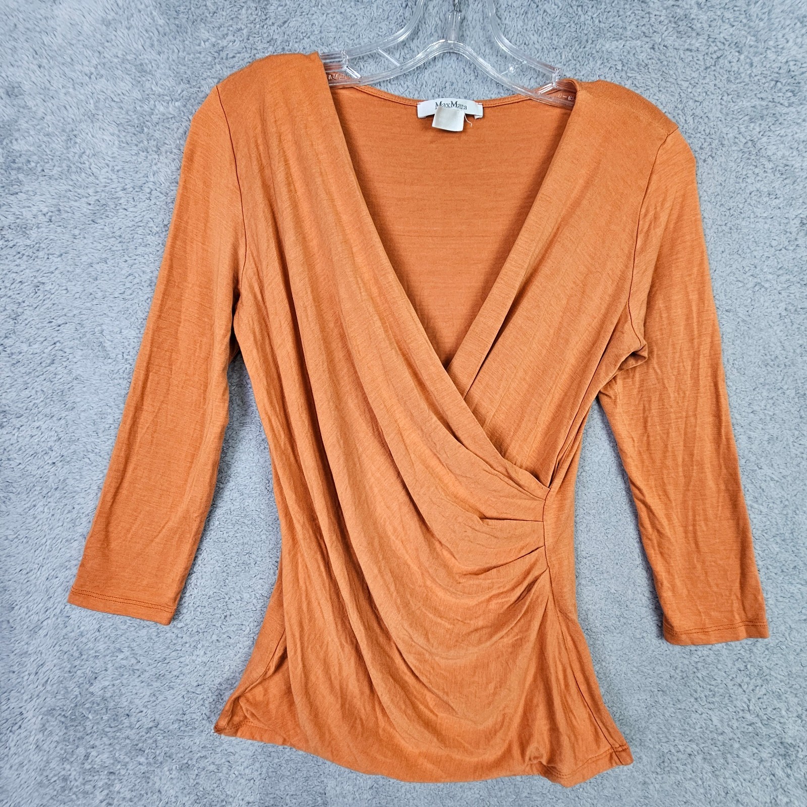 Max Mara Womens Top S Orange Faux Wrap Blouse V Neck 3 Qtr Slv Viscose Stretch