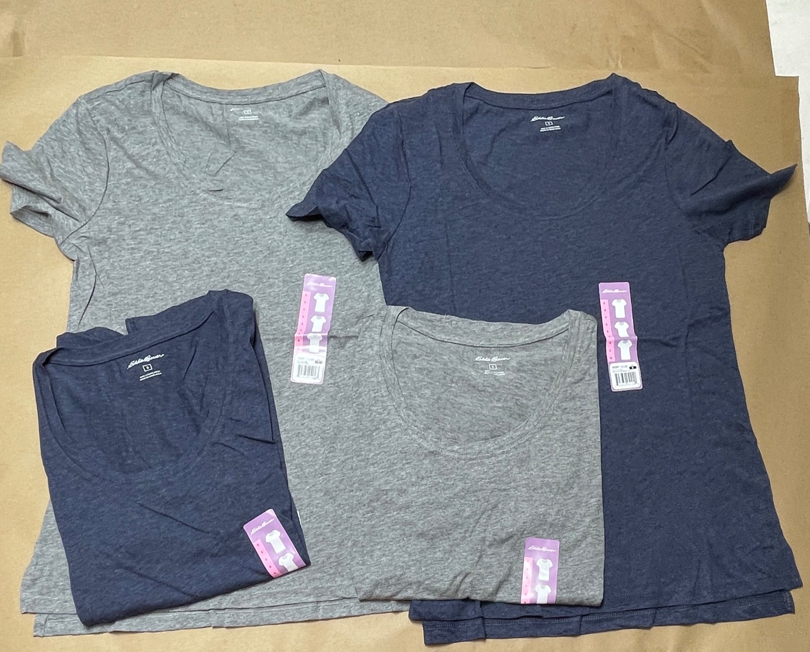 4Pack Women Eddie Bauer 2x Gray & 2X Blue T-Shirt Heather Steel & Blue Deep Neck
