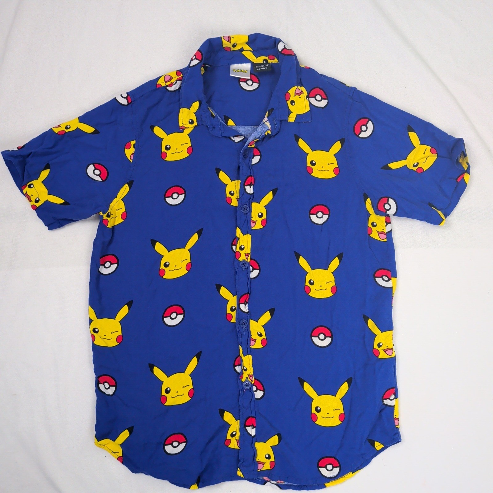 Pokemon Pikachu Poke Ball Blue Button Up Shirt Boys Large