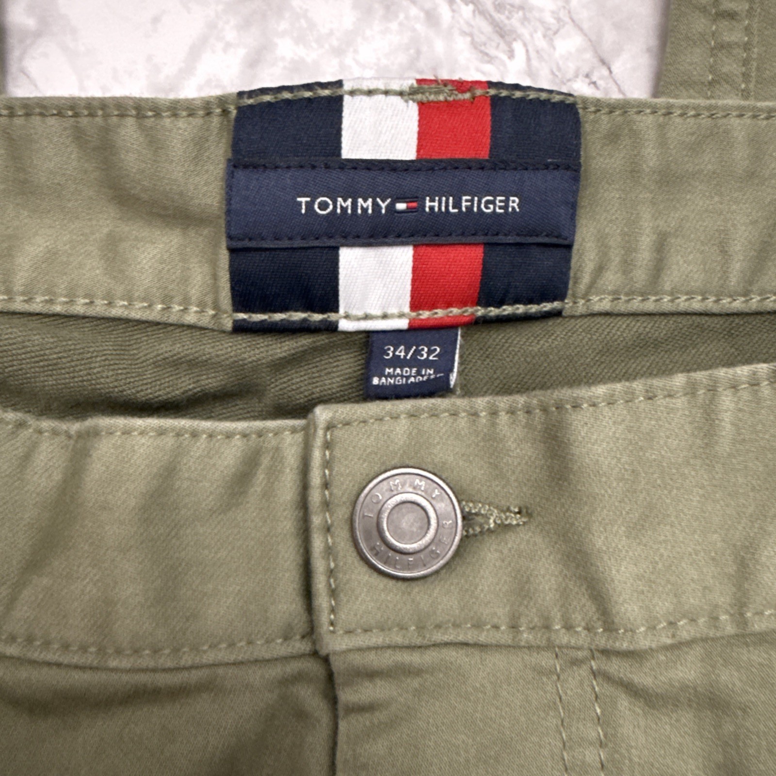 Tommy Hilfiger THFlex Men’s Olive Green Chino Size 34×32 Stretch Straight Slim