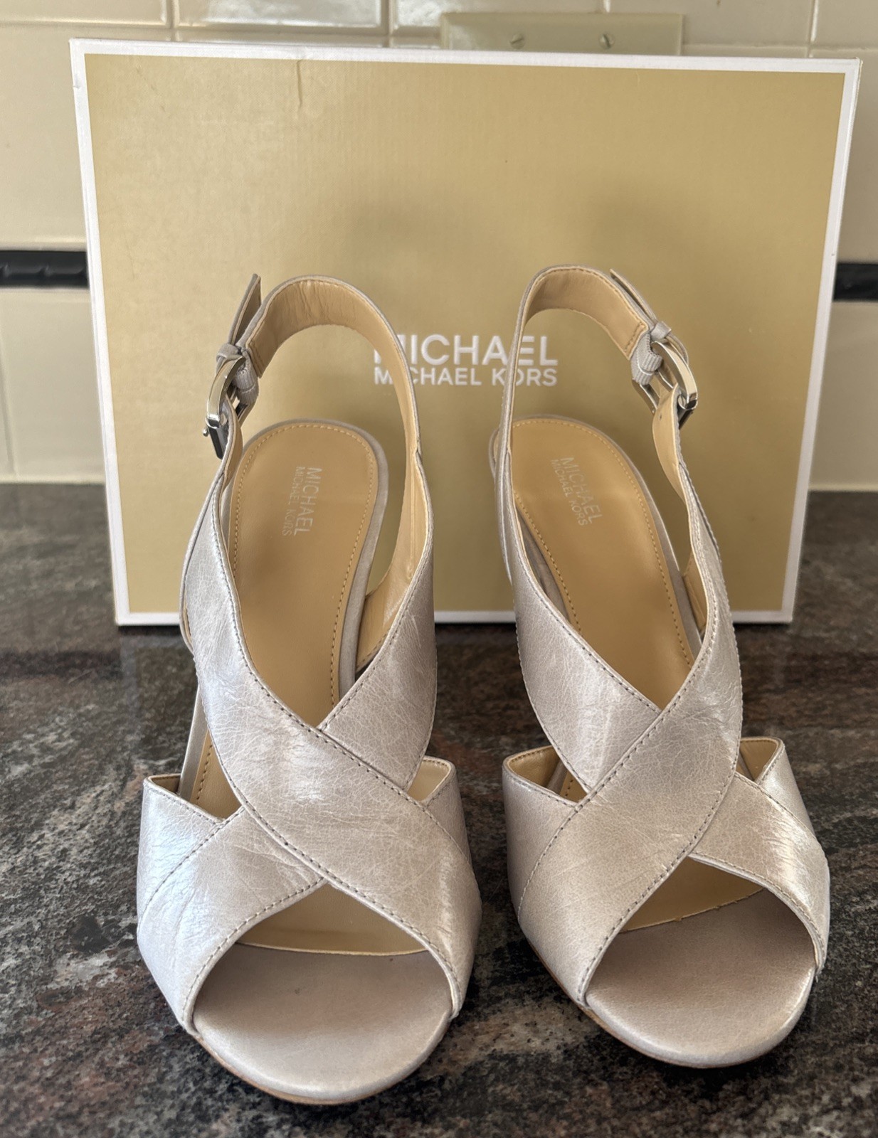 8.5 MICHAEL Michael Kors Becky Strappy Sandals Heels Pearl Grey Open Toe EXC