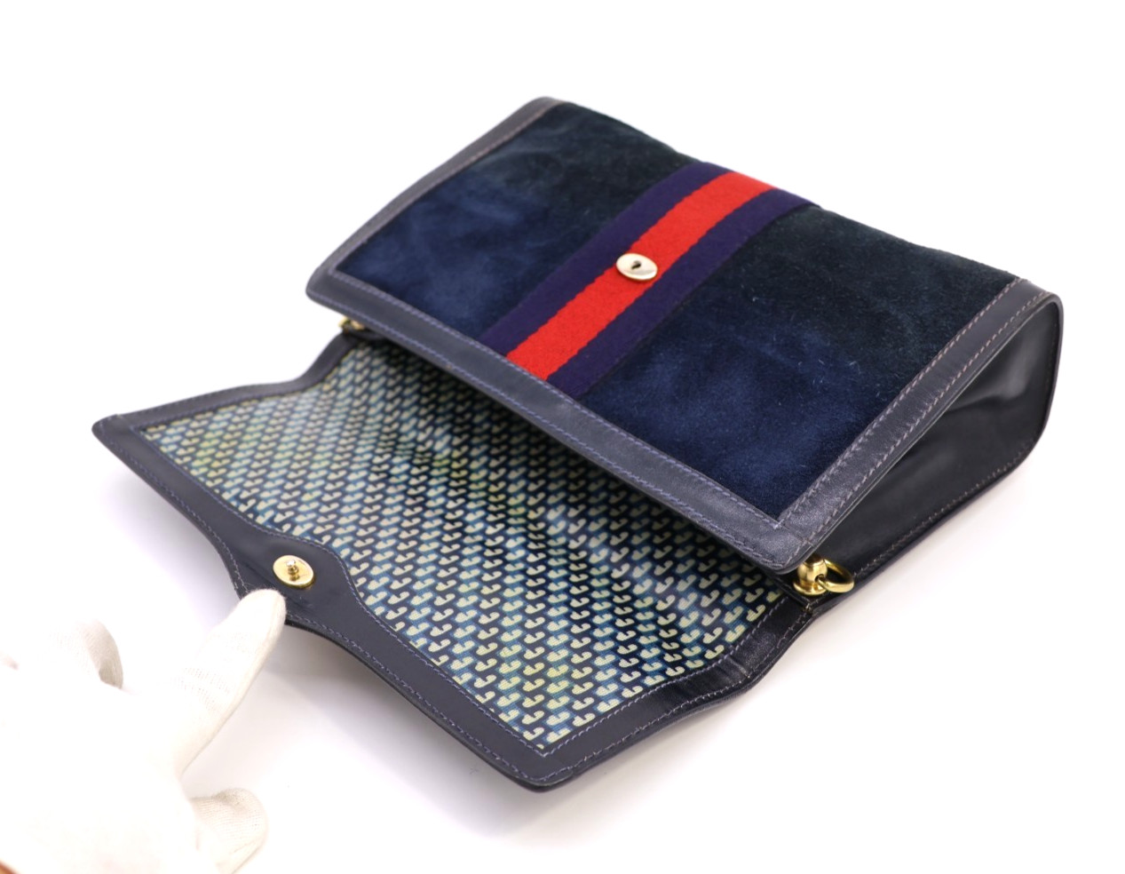 GUCCI VINTAGE Web Stripe Shoulder Bag Suede Leather Navy Classic Authentic