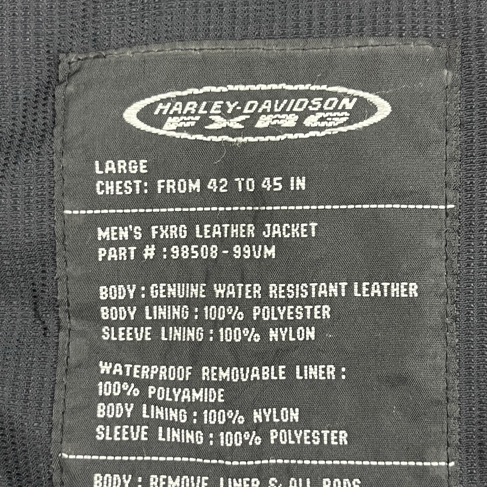 Harley Davidson FXRG Jacket Mens Large Black Leather Liner Armor Biker