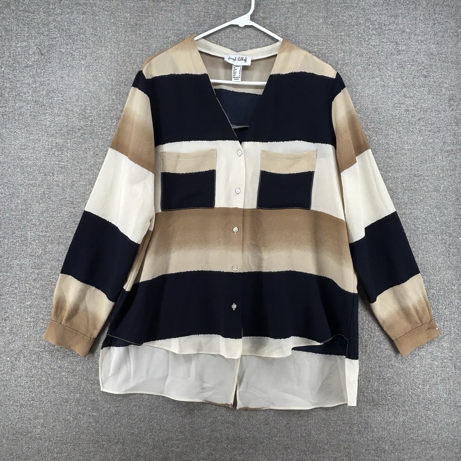 Joseph Ribkoff Tunic Top Women Size 16 Black Tan Striped Split Back Casual
