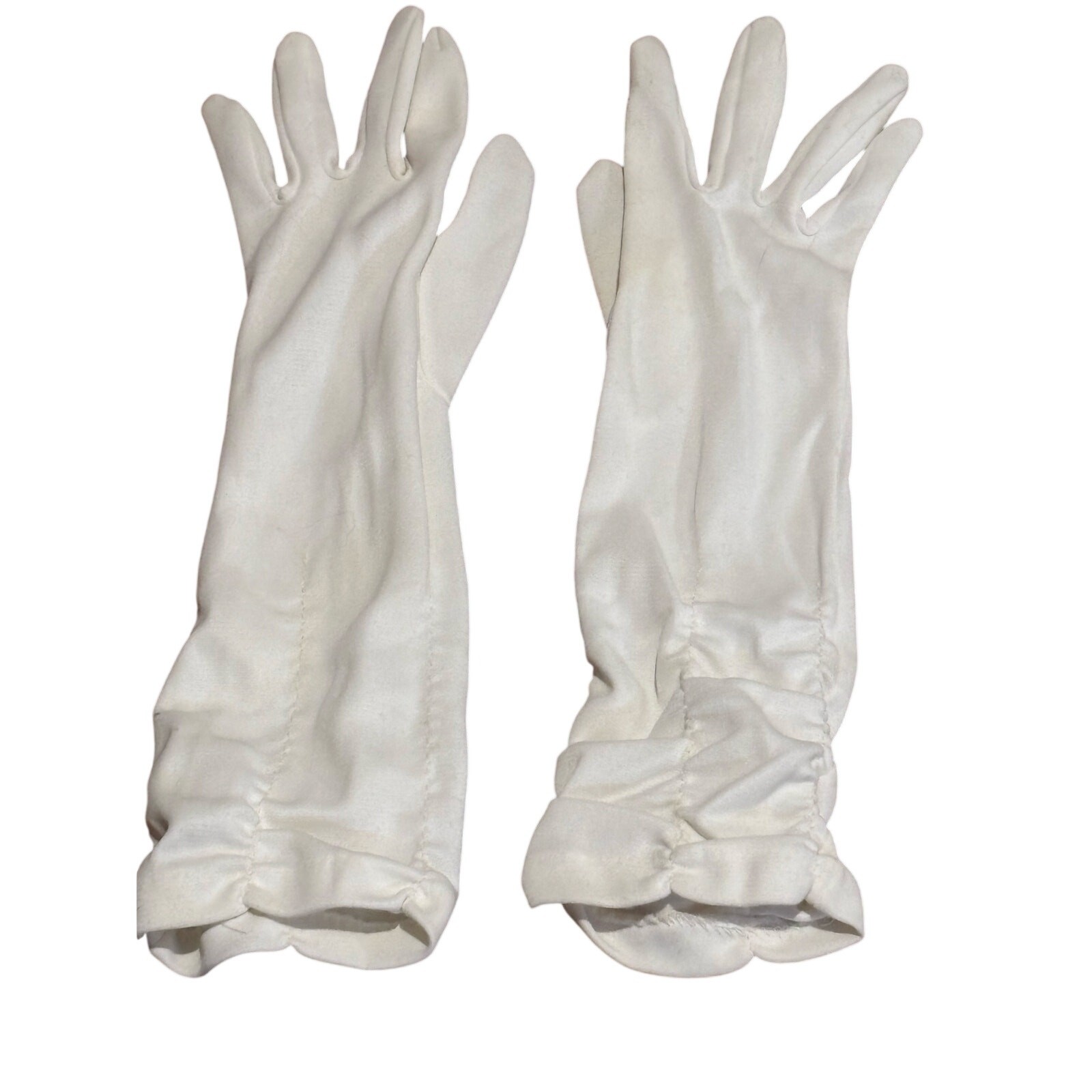 Vintage Ivory Gloves Nylon? Adult Small? Rouched Mid Elbow Mid Century 1950-60s