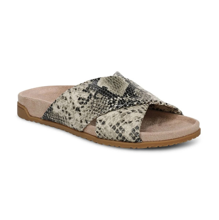 Vionic’s Etna Slide Sandal, Cream Snake Print Leather