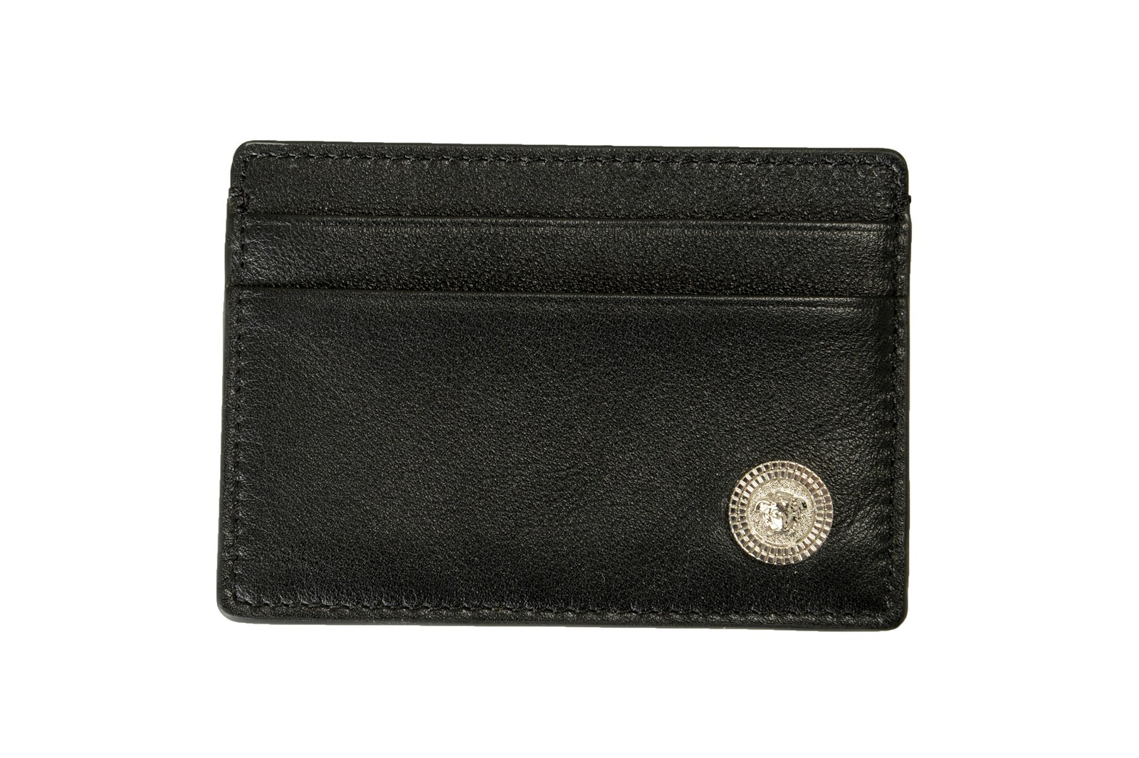 Versace Black 100% Leather Silver Medusa Head Card Case Holder