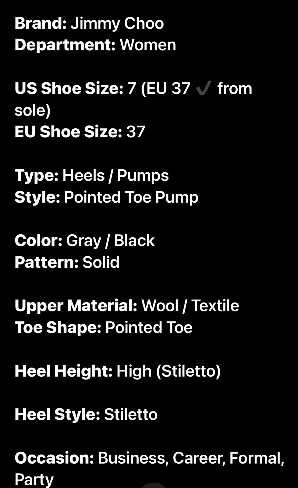 Jimmy Choo London Gray Wool Pointed Toe Pumps EU 37 US 7 Designer Classic Heels