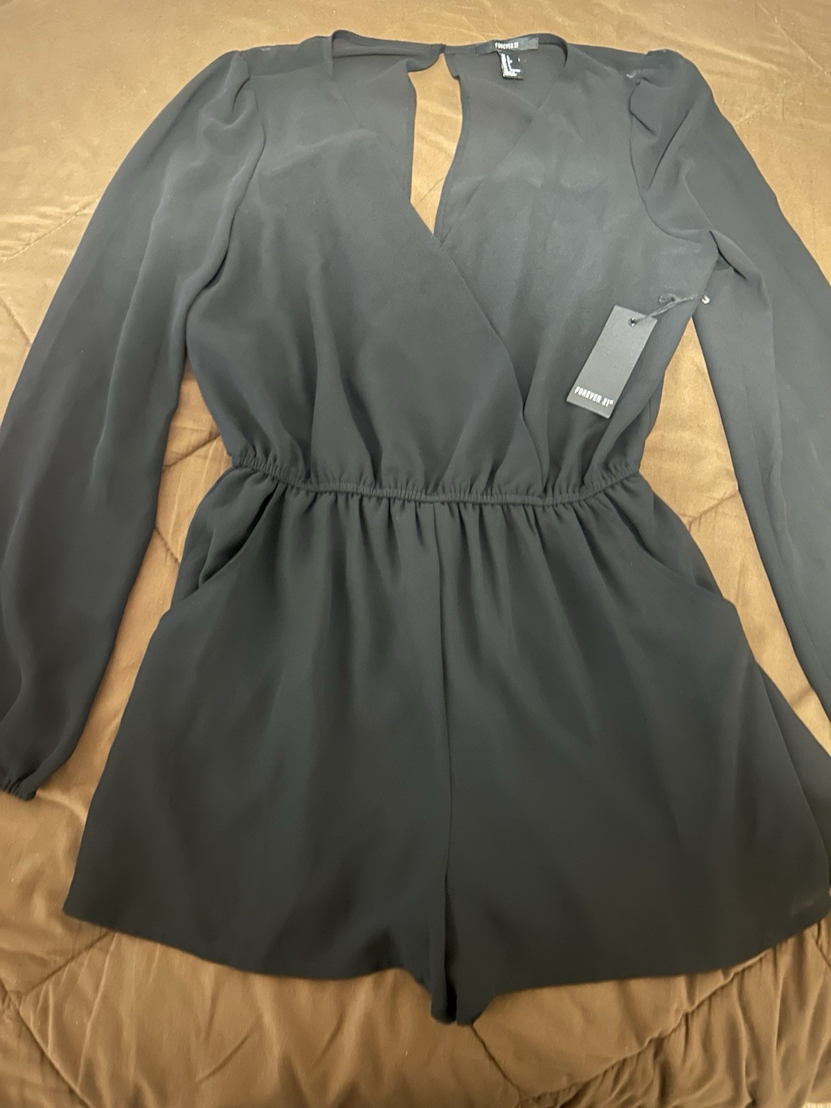 Forever 21 Black Chiffon V-Neck Long Sleeve Romper Keyhole Back