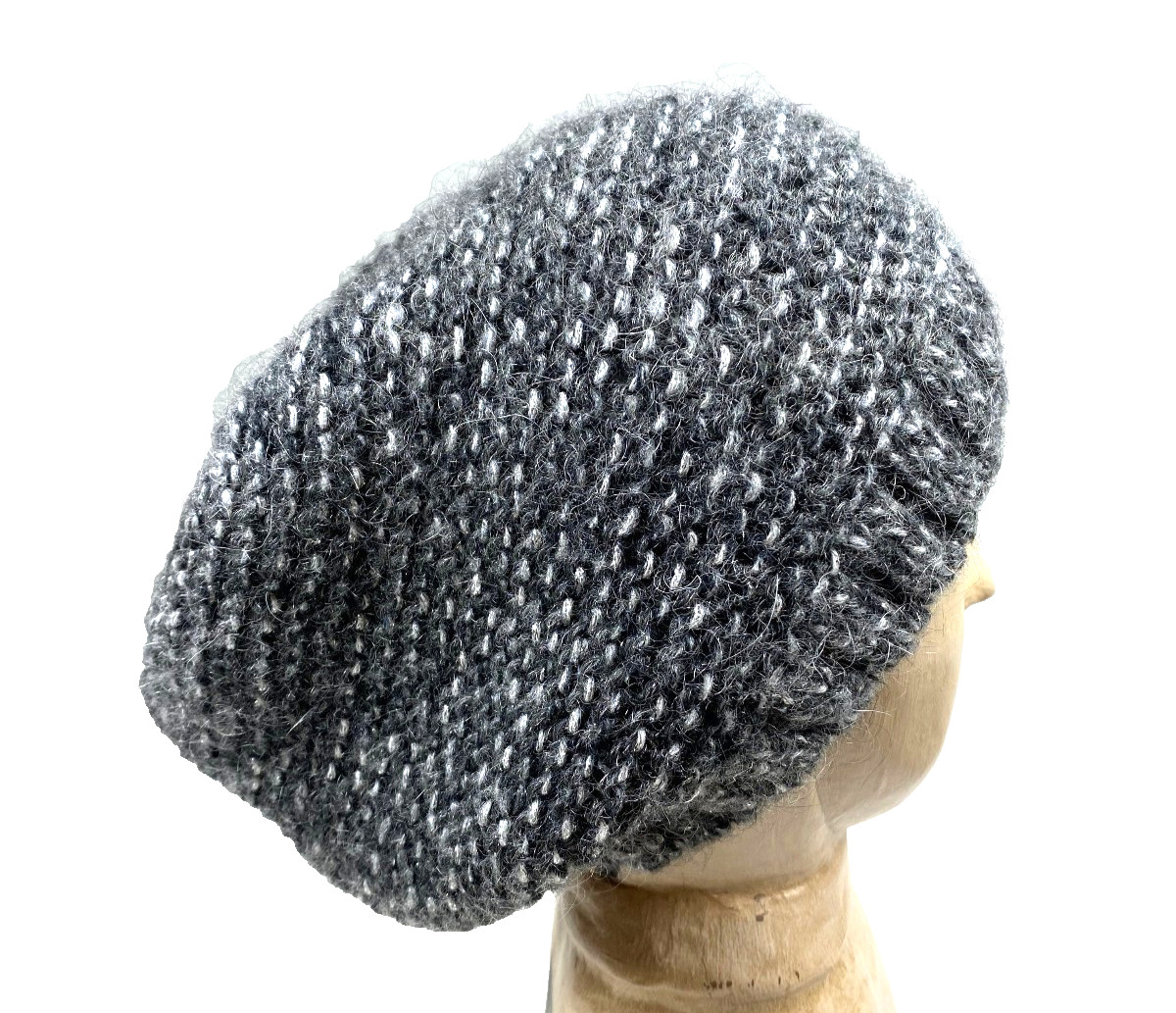 Black Gray Silver metallic Slouch Hat Beanie Made In Italy Mohair Blend