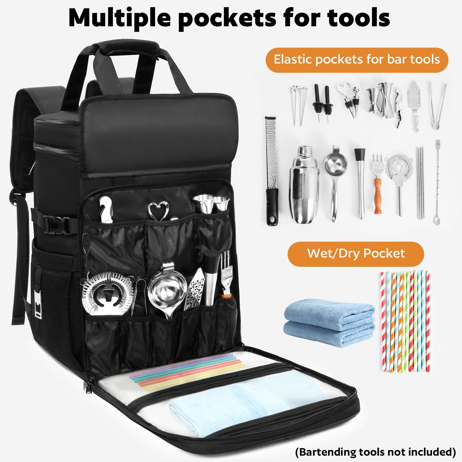 Bartender Bag, Leakproof Travel Bartender Kit Backpack for Carrying Bar Kit, Por