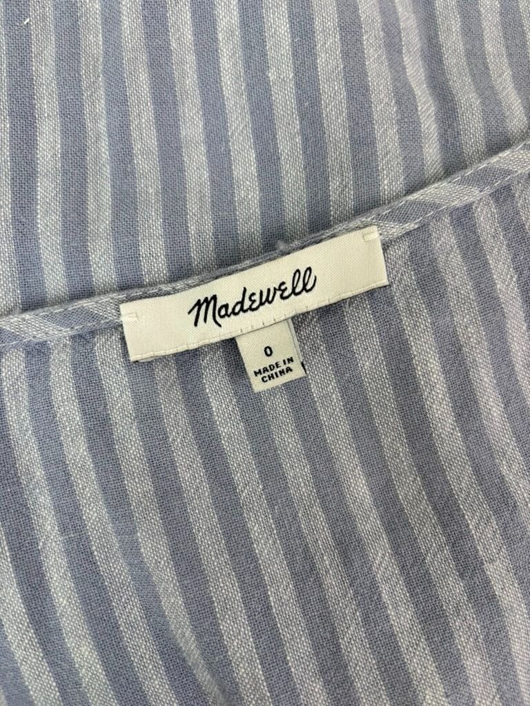 Madewell women’s 0 linen-blend ruffle sleeve drawstring crop top in stripe blue