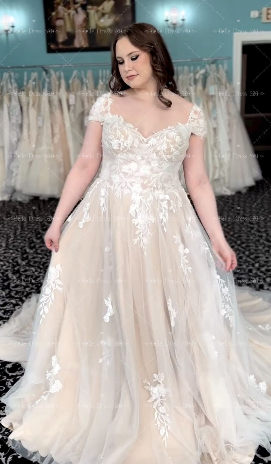 Champagne Wedding Dresses with Square Neck Lace Applique Sweep Train Bridal Gown