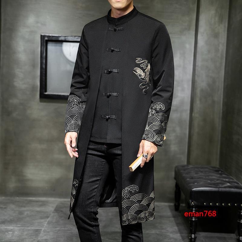 Chinese Style Tang Suit Jacket Mens Mid Long Buttons Slim Embroidery Coats Size