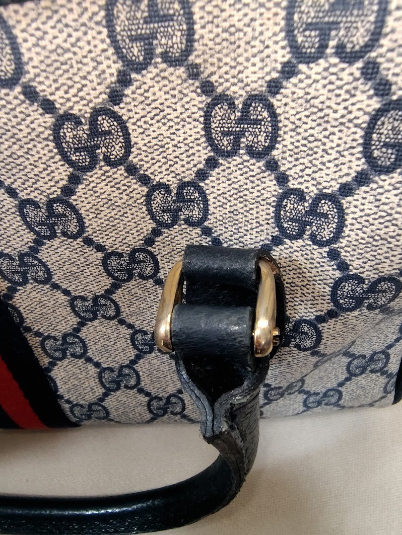Vintage Gucci Hand Bag Sherry Navy Mini Boston Bag PVC Authentic 446T0403