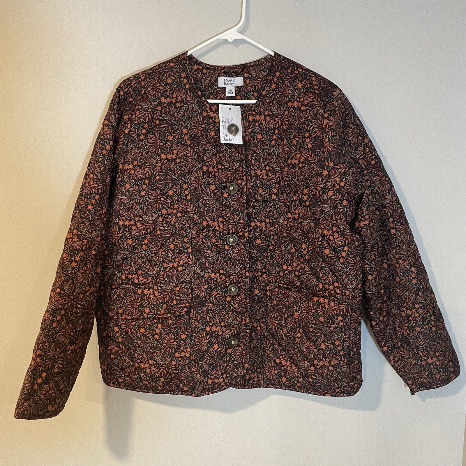 Floral Quilted Jacket Women’s Autumn Colors Orange Brown Button Jacket XXL NWT
