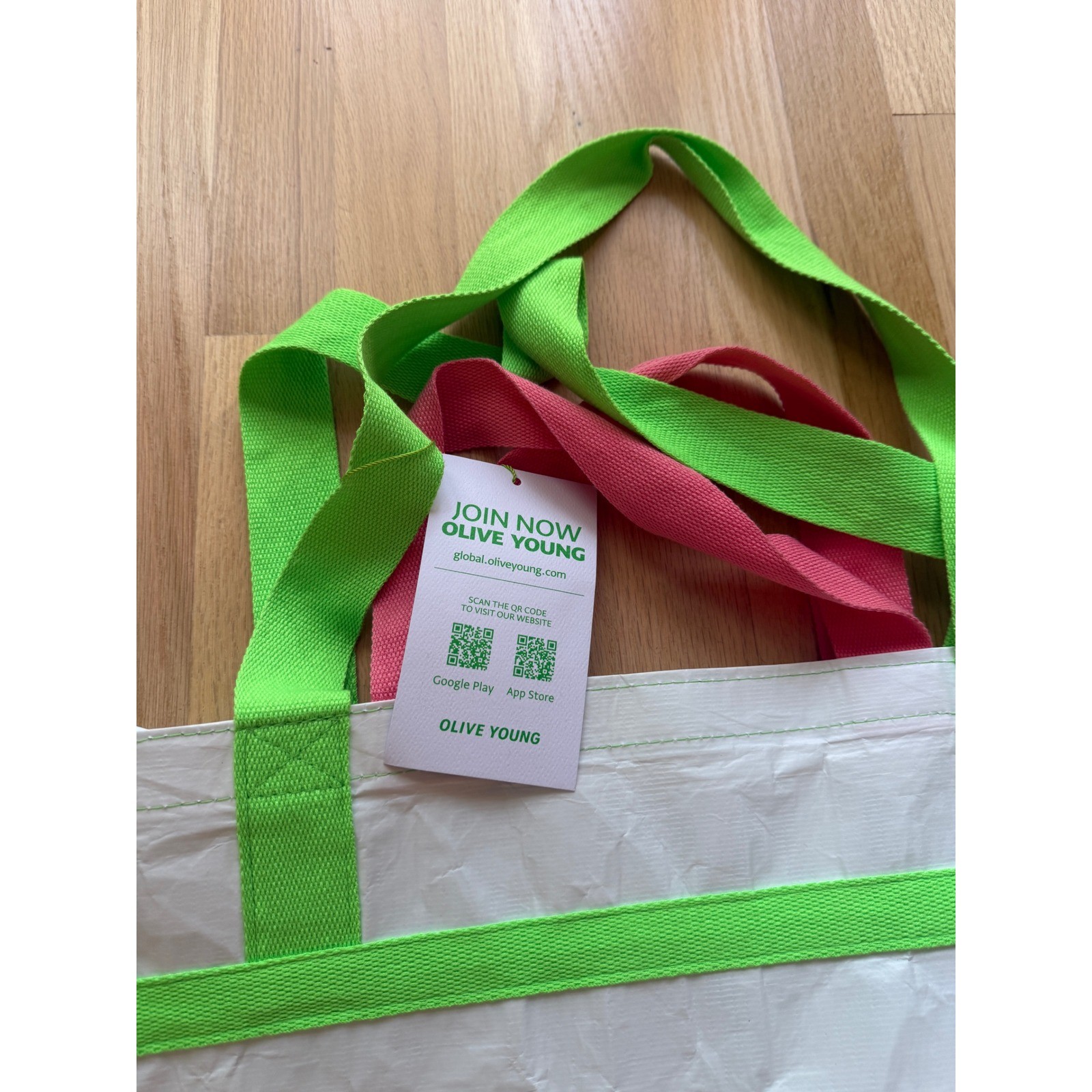NWT OLIVE YOUNG Reusable Zipper Tote Bag Unisex White Green Pink Large OS