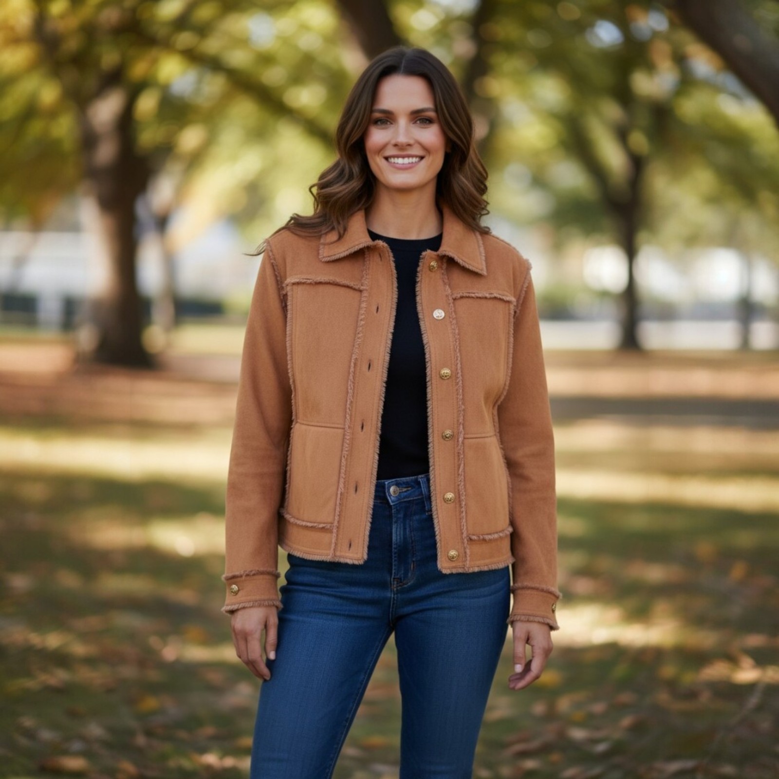 St. John Marie Gray Coat S Womens Brown Overcoat Faux Suede Pockets Shearling