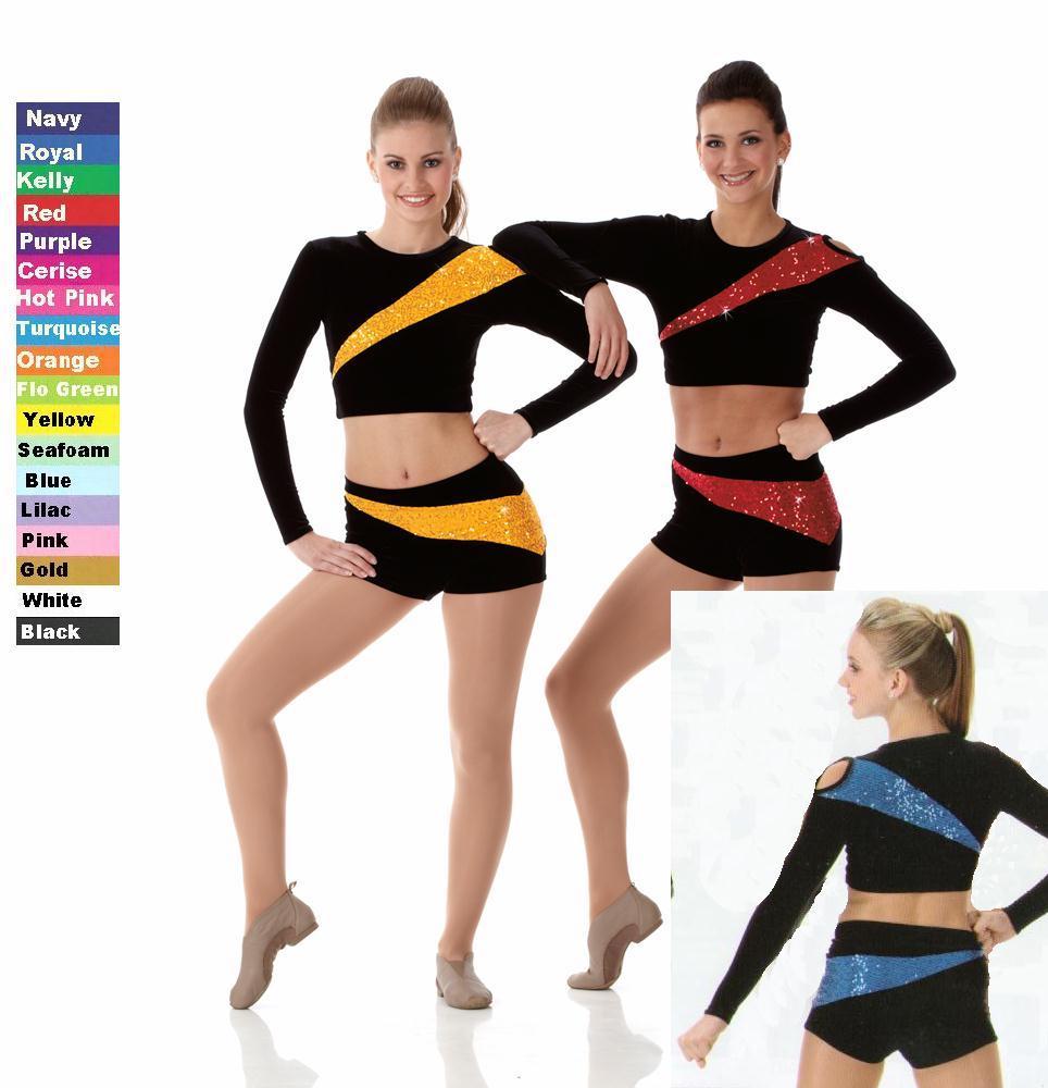 Pep Squad ORANGE Dance Costume Velvet & Sequin Shorts & Crop Top Child L to AXL