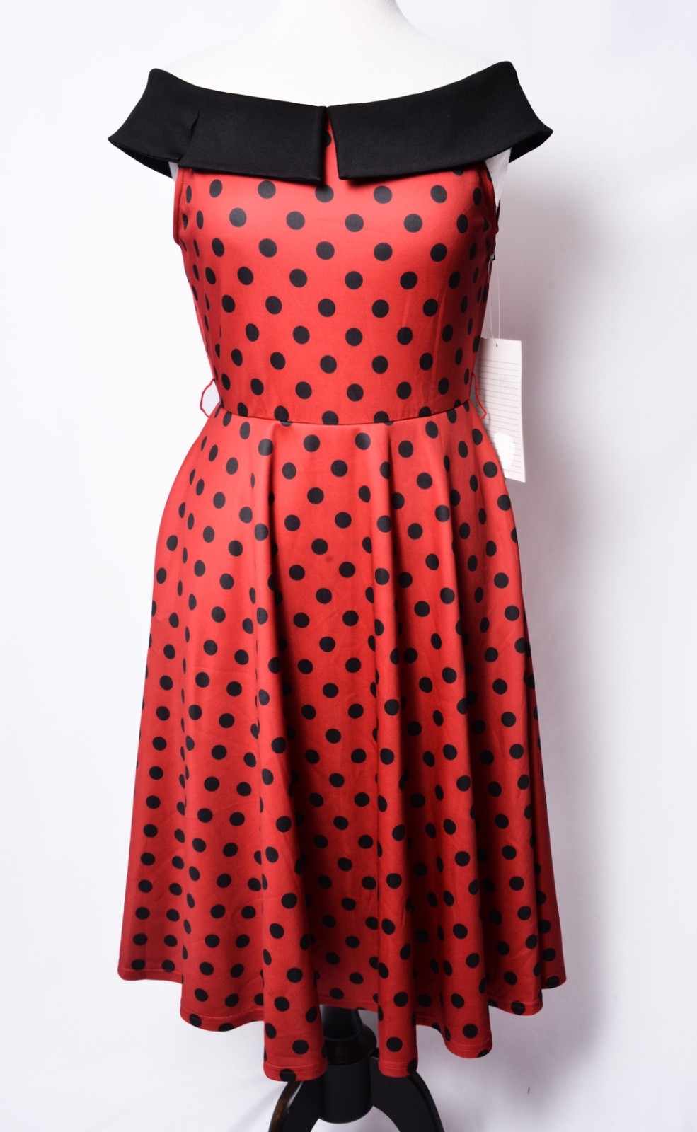 UNIQUE VINTAGE RED & BLACK DOT OFF THE SHOULDER SWING DRESS – NEW – REG & PLUS