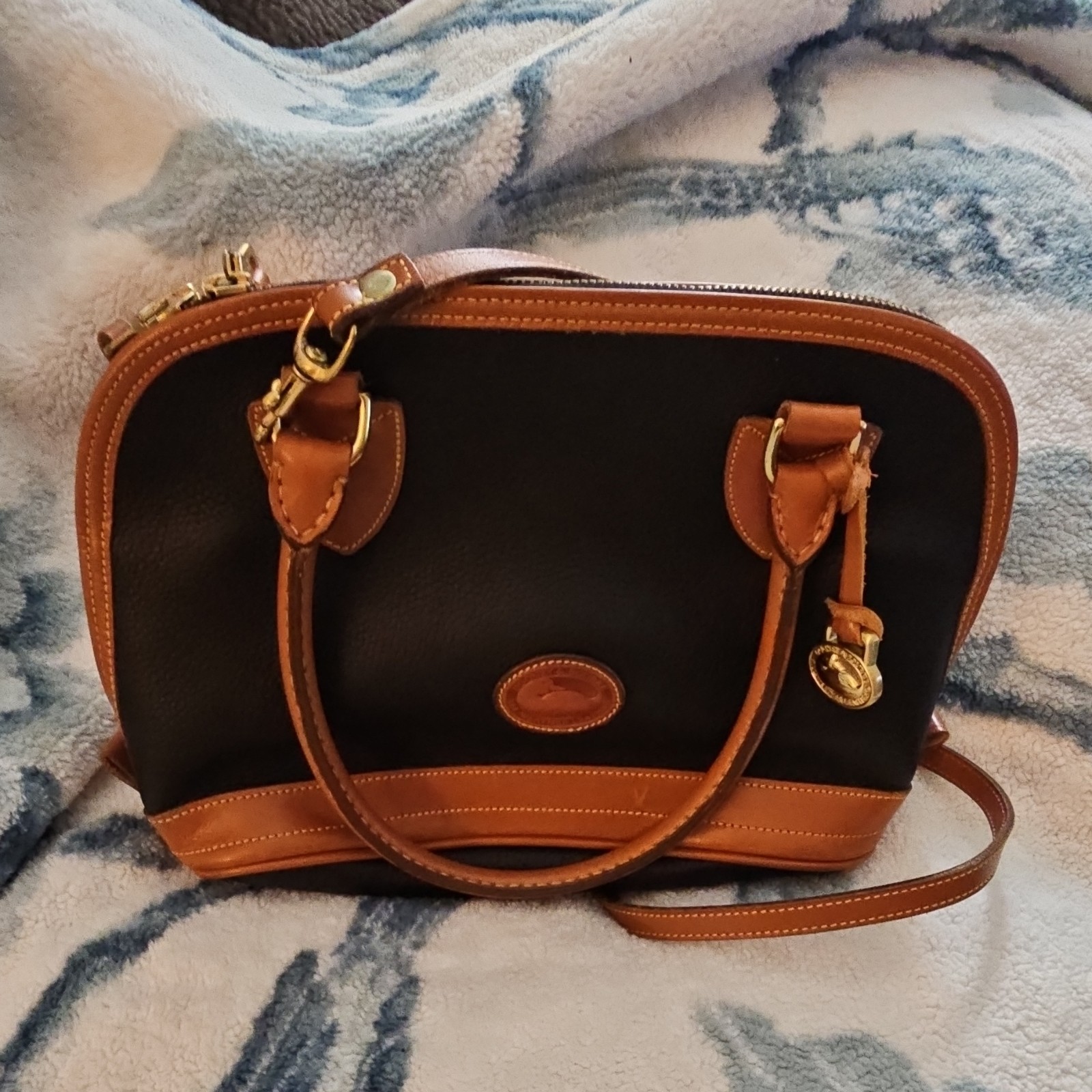 Vintage Dooney Bourke All Weather Leather Norfolk Satchel Navy Tan Made In USA