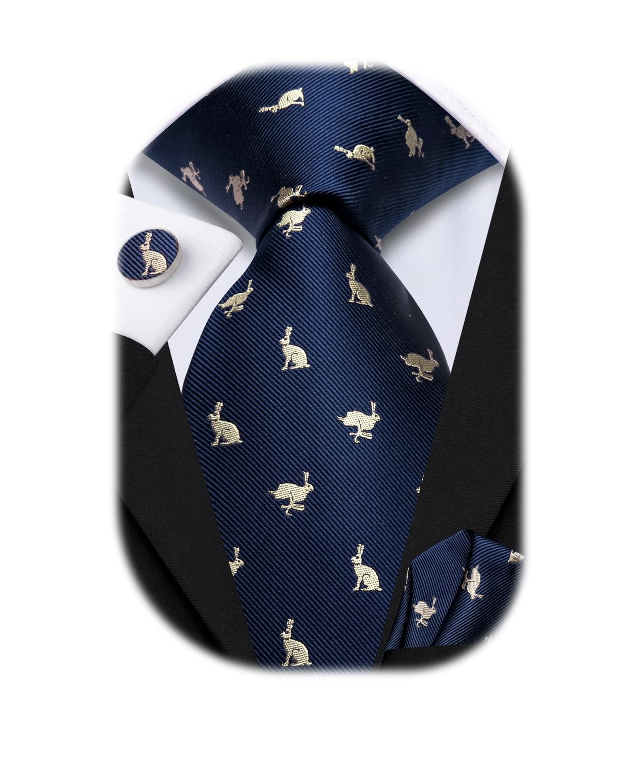 Easter Rabbits Ties for Men Dark Blue Silk Jacquard Funny Necktie Pocket Squa