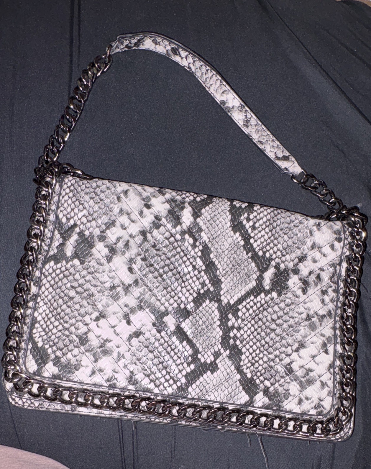 ALDO Women’s Gray Black Snake Print Shoulder Bag Clutch, Chain Strap Snap