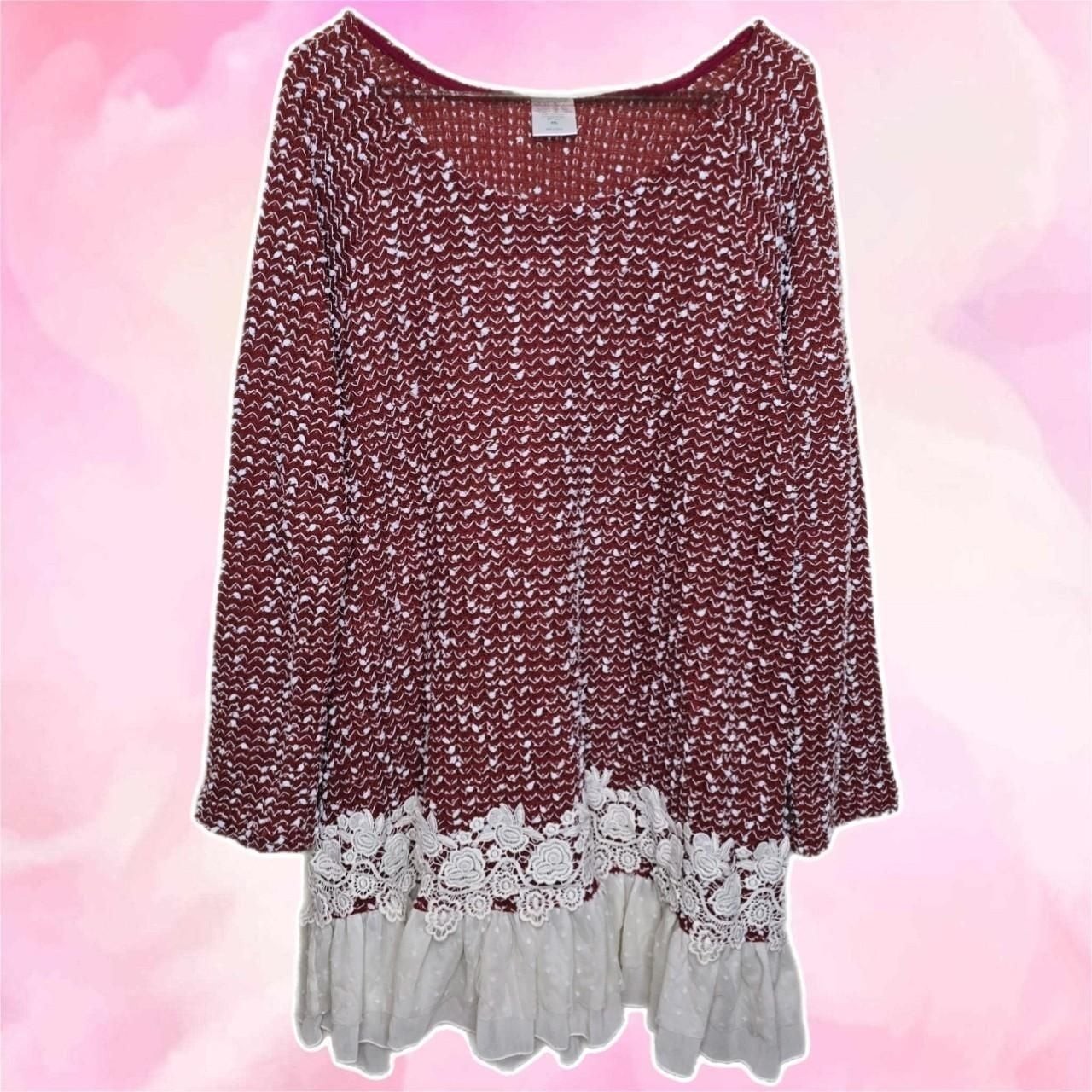 Burgundy Popcorn Knit Lace Ruffle Tunic Dress