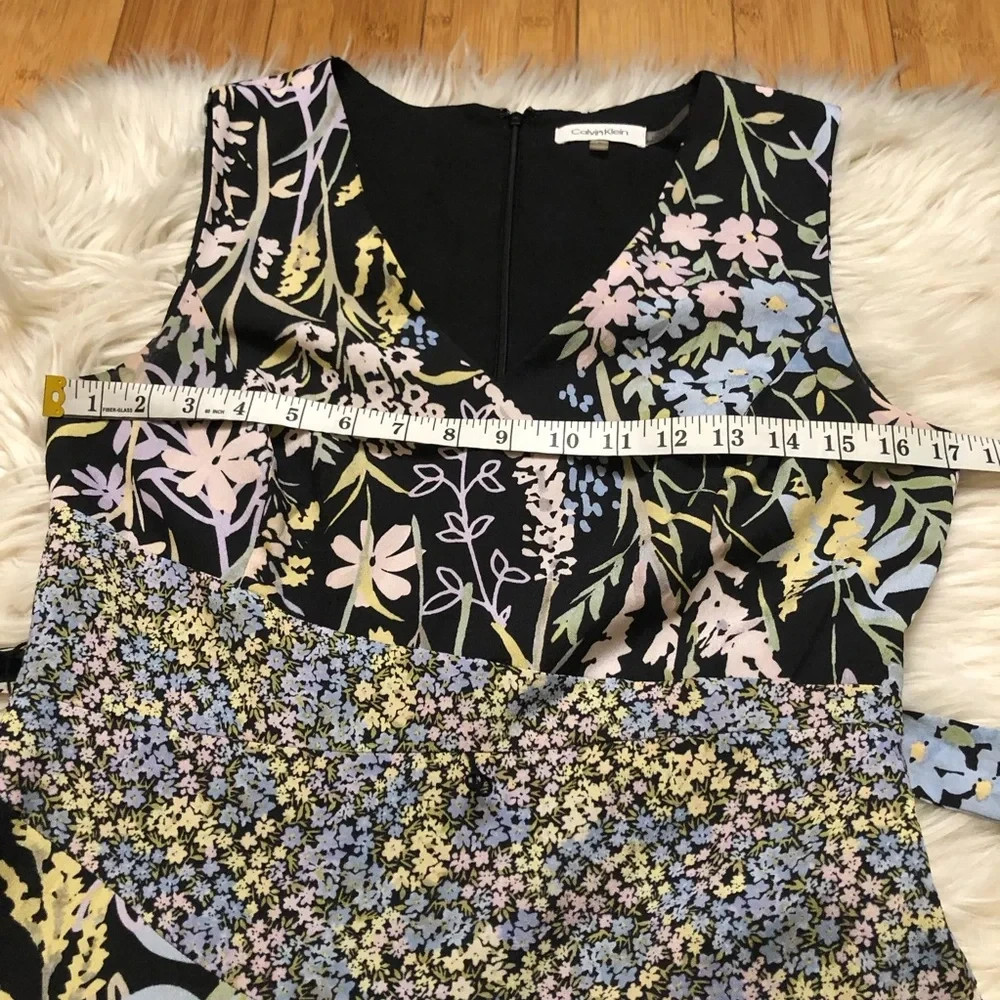 Calvin Klein Mixed Floral Asymmetrical Handkerchief Black Yellow Midi Dress 6