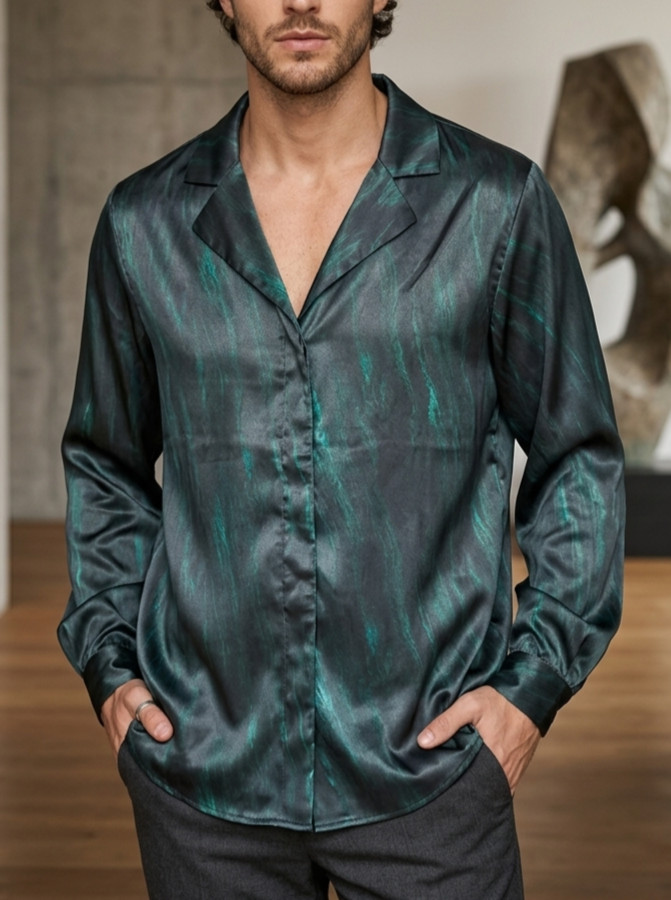 Satin Swirl Marble Print Shirt Emerald Green Black Notch Lapel Button Shirt