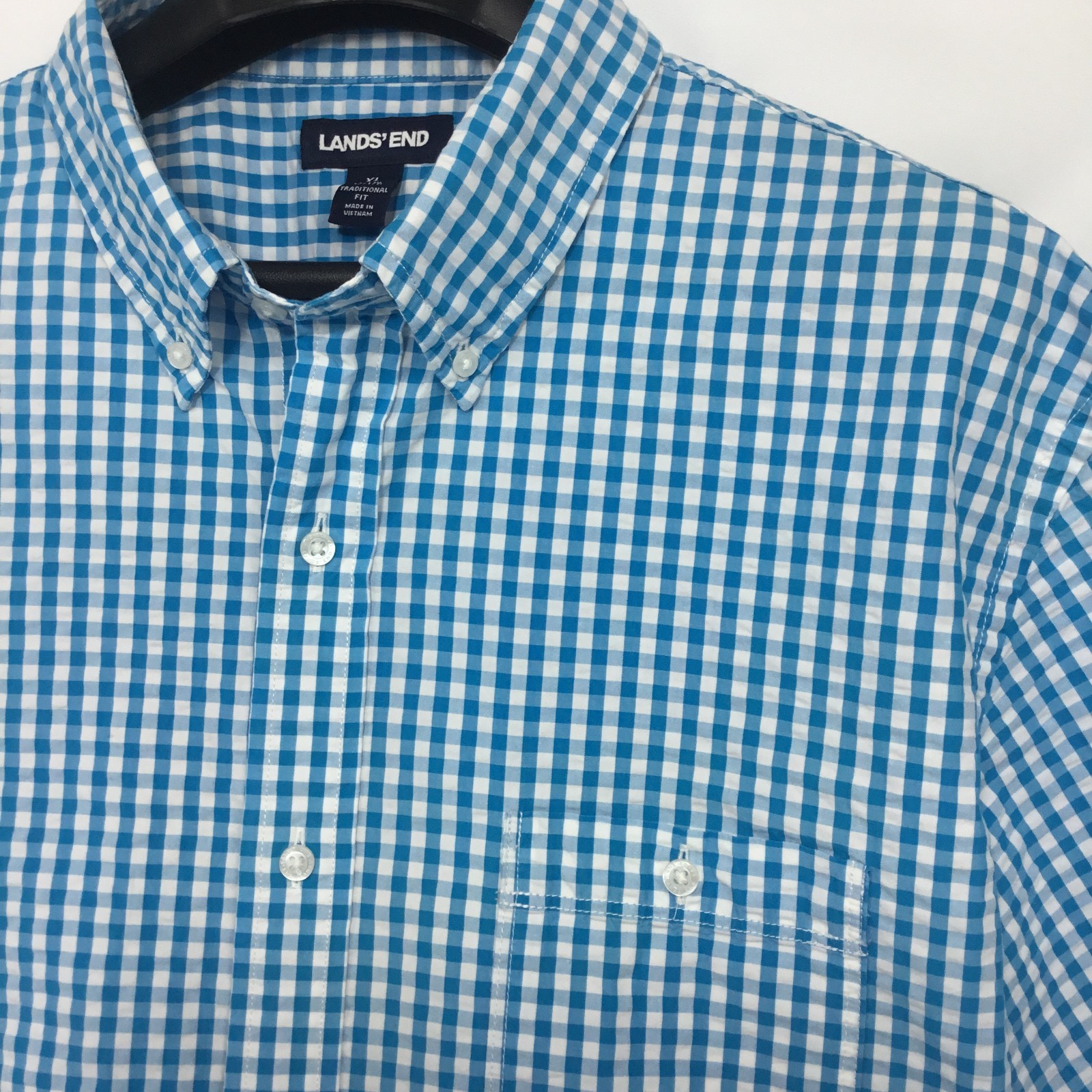 Lands End Mens Seersucker Shirt XL Blue White Gingham Short Sleeve Traditional