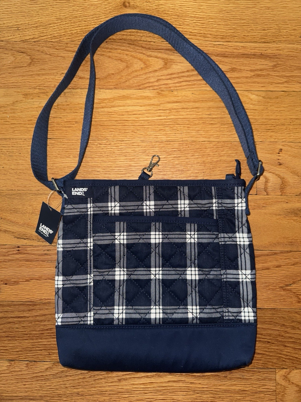 Lands End crossbody Tote Blue Flannel Quilted New With Tags