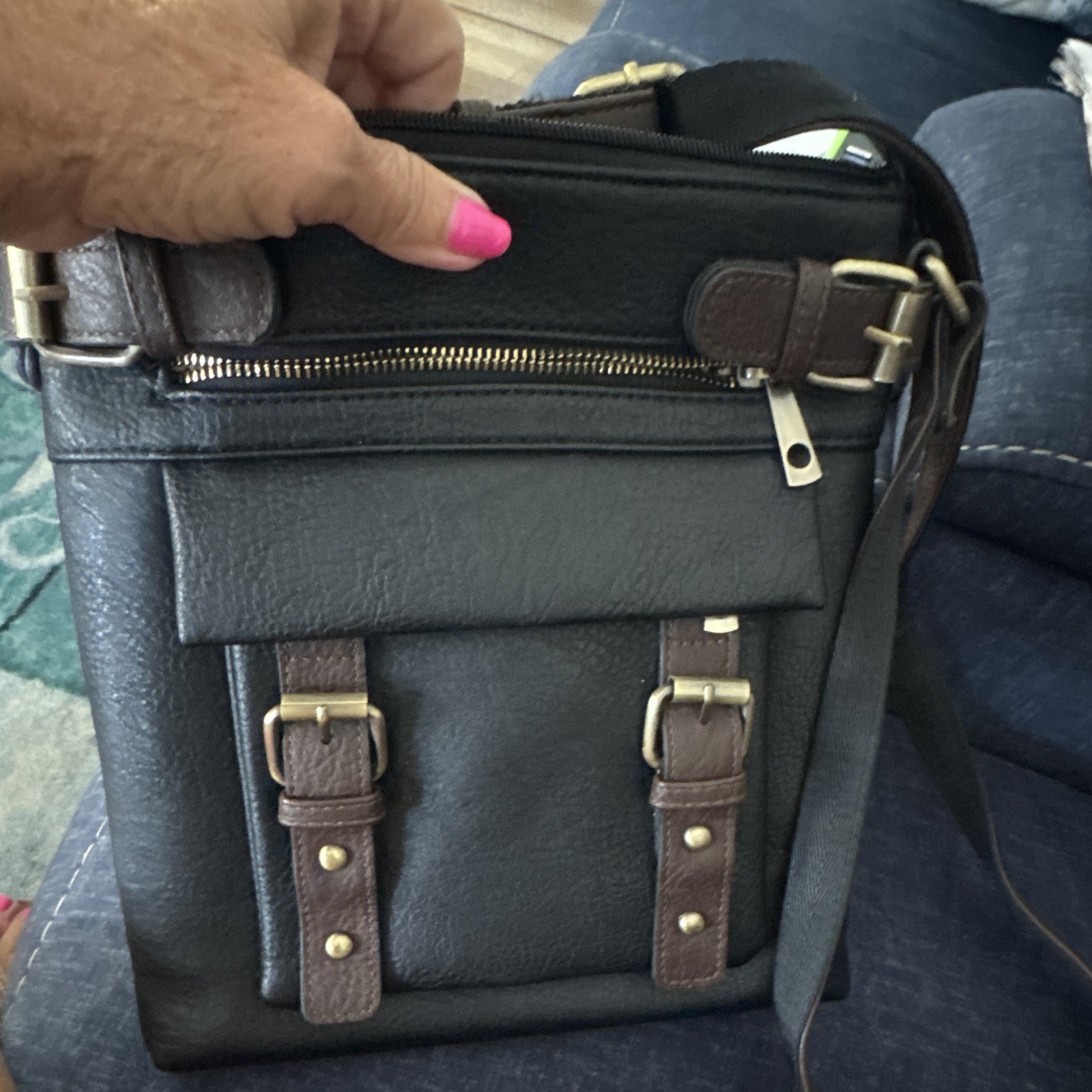 Black Small Crossbody Bag, Brown Strap, Gold Hardware, Zip, Pockets, Pouch, conc