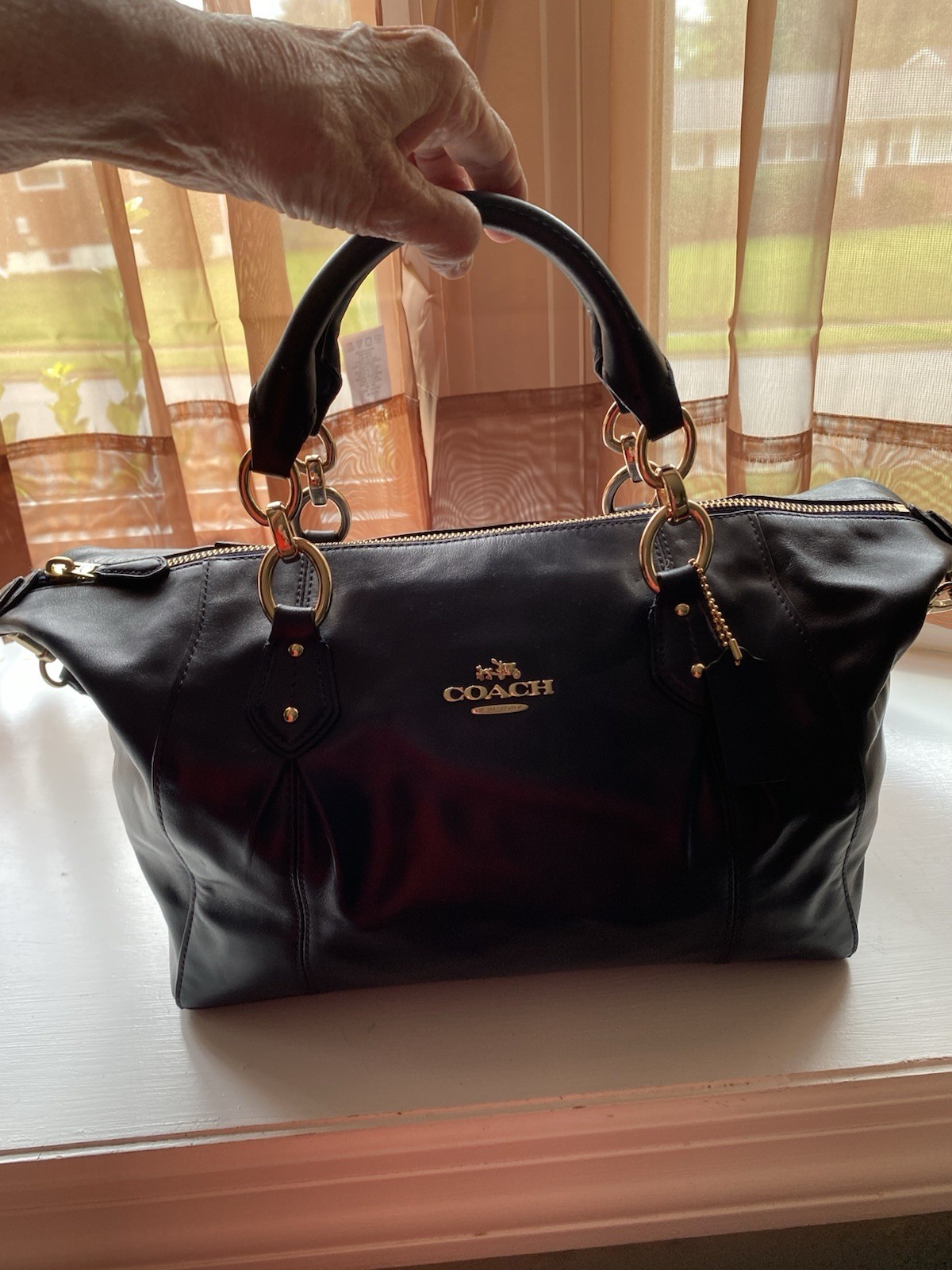Coach Large Navy Satchel Top Handle Zip Closure Detachable Strap Gold Hardware
