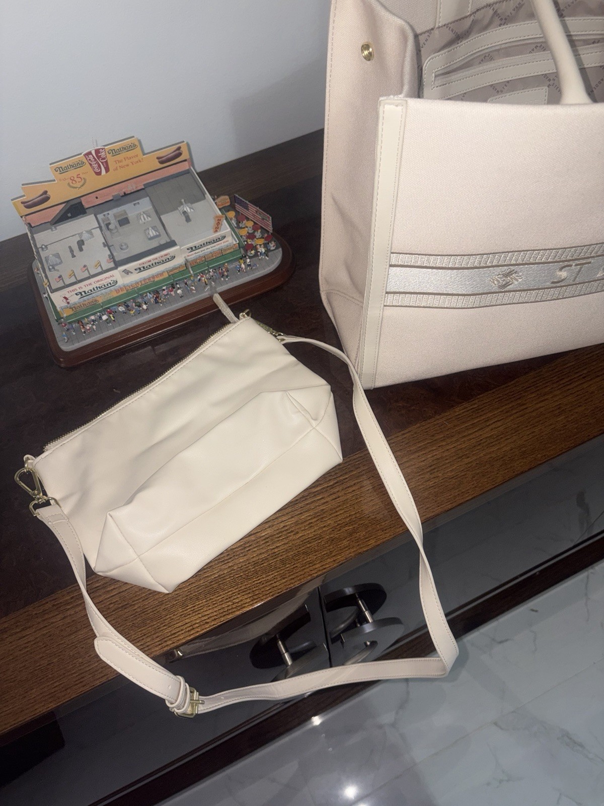 Steve Madden Beige Logo Tote Bag w/ Pouch Detachable Strap Zip Magnetic Pockets