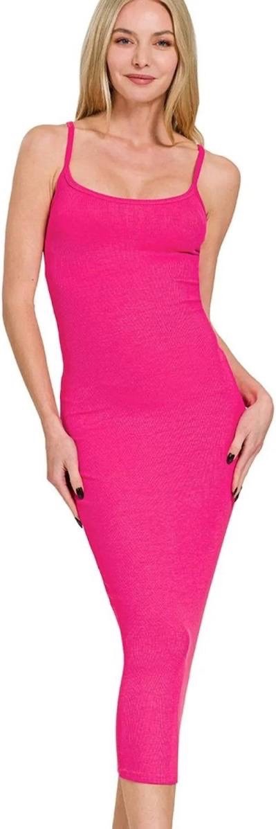 New Zenana Ribbed Bodycon Midi Long Dress Hot Pink Form Fitting Stretchy Small
