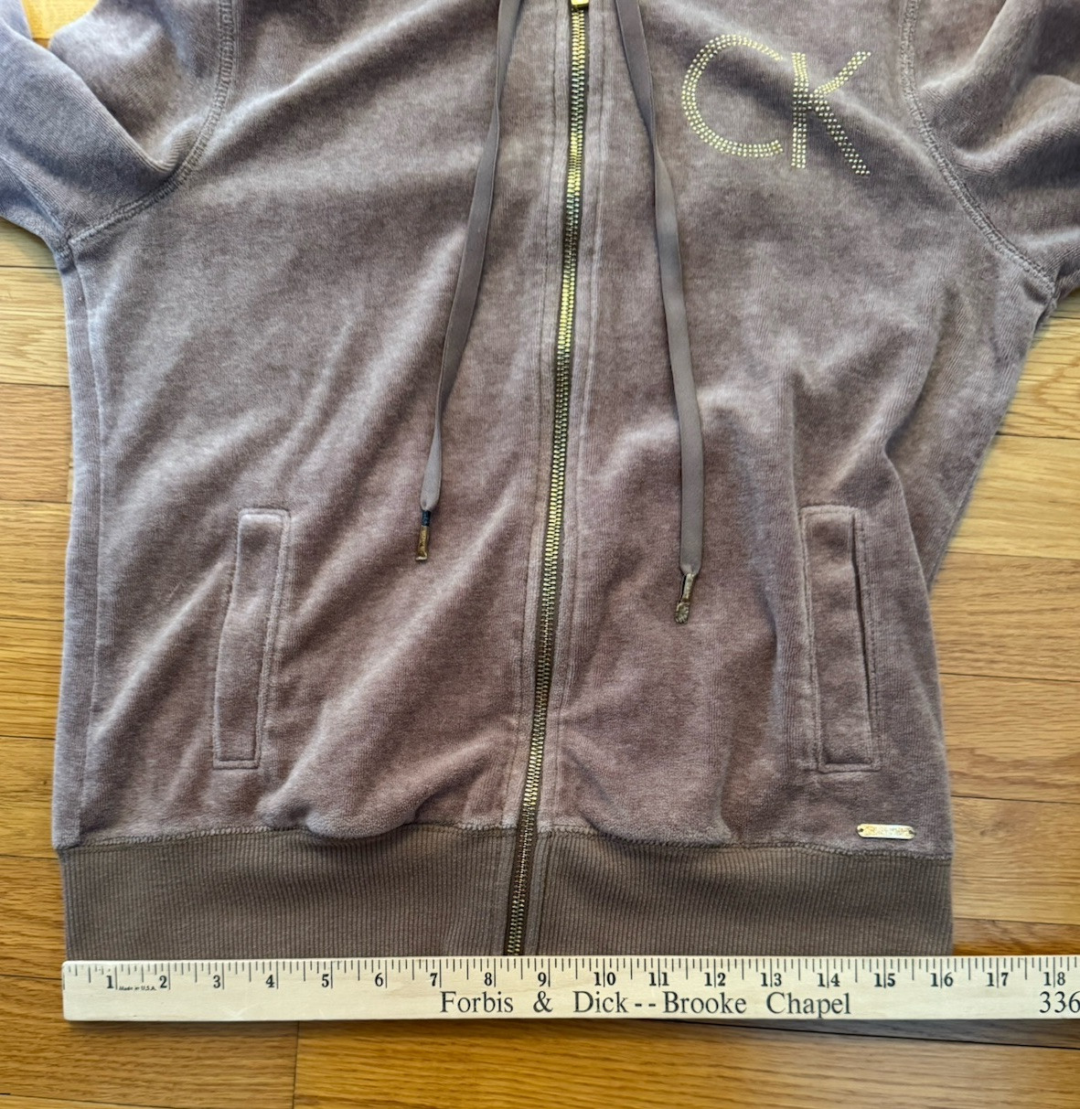 Calvin Klein Womens Velour Hoodie M Brown Rhinestone Logo Zip Up Jacket Soft