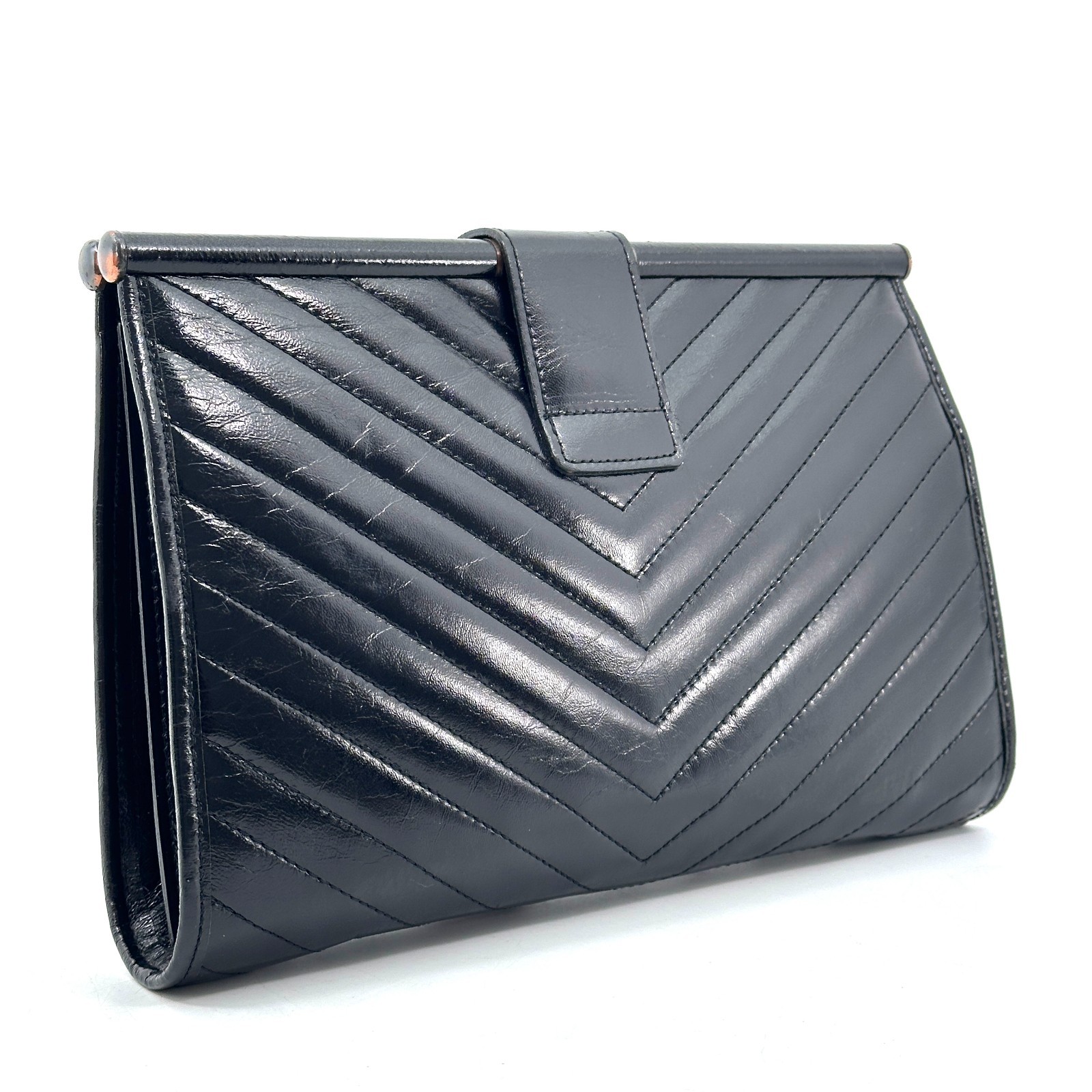 Yves Saint Laurent Black Leather Clutch Bag V stitch YSL Purse Vintage Authentic