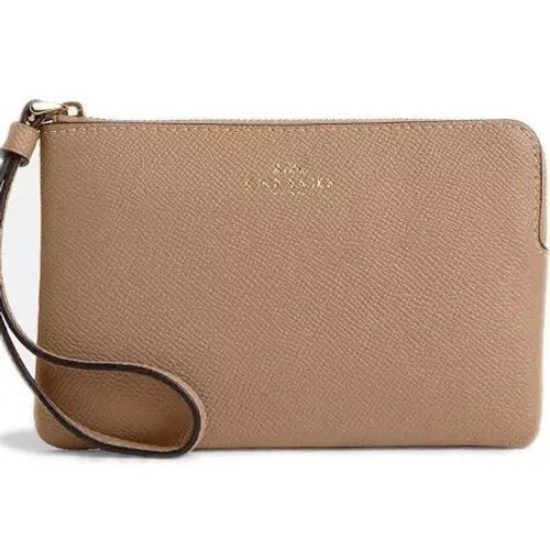 NWT Coach Corner Zip Wristlet Women Small Taupe Gold Crossgrain Leather CV396