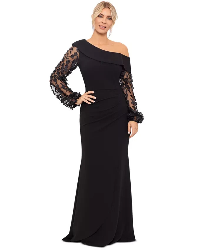 Xscape Black Floral Applique Long Sleeve Scuba Crepe Gown Size 14W $298