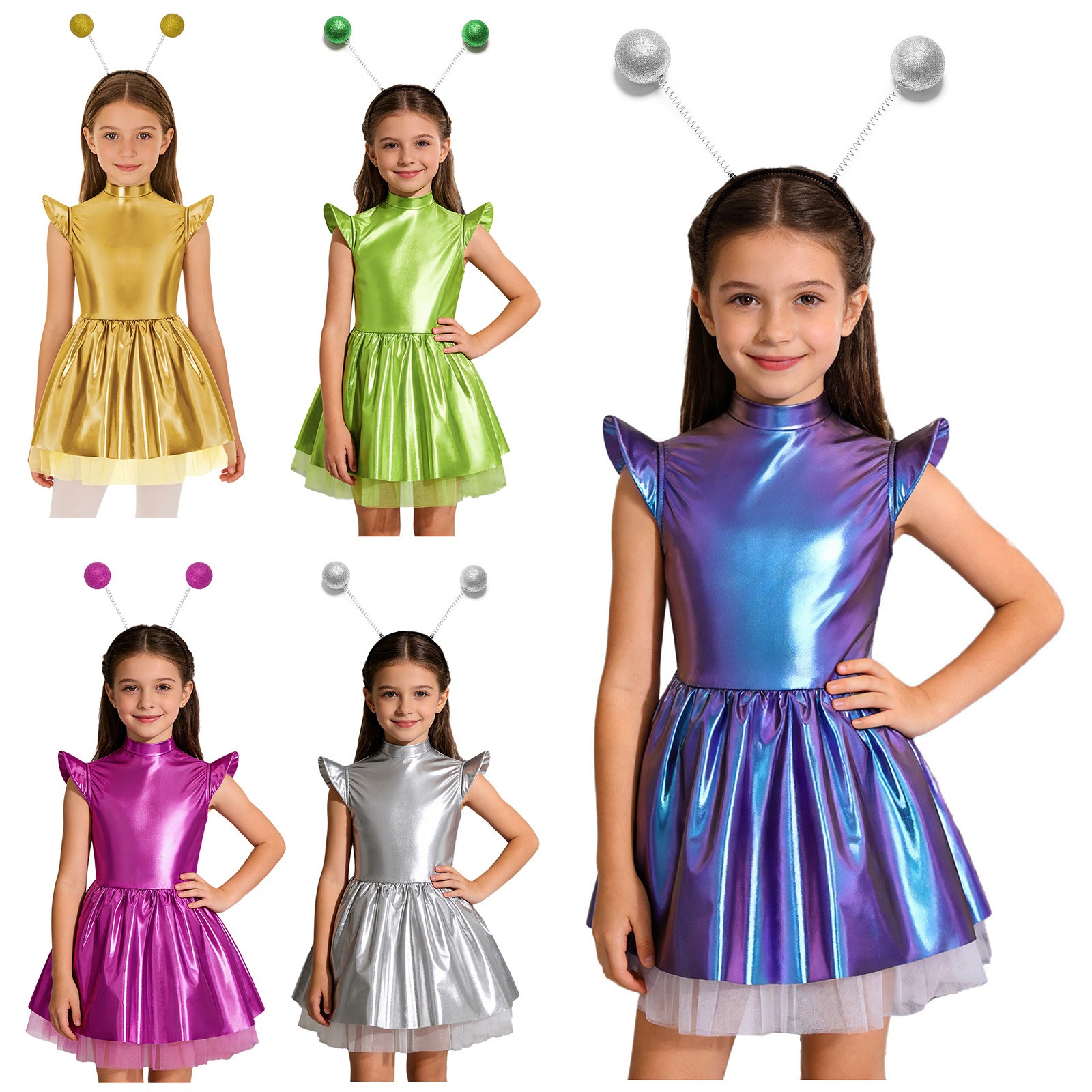 US Kids Alien Costume 2Pcs Alien Dress Up Metallic Dress Outerspace Robot Outfit