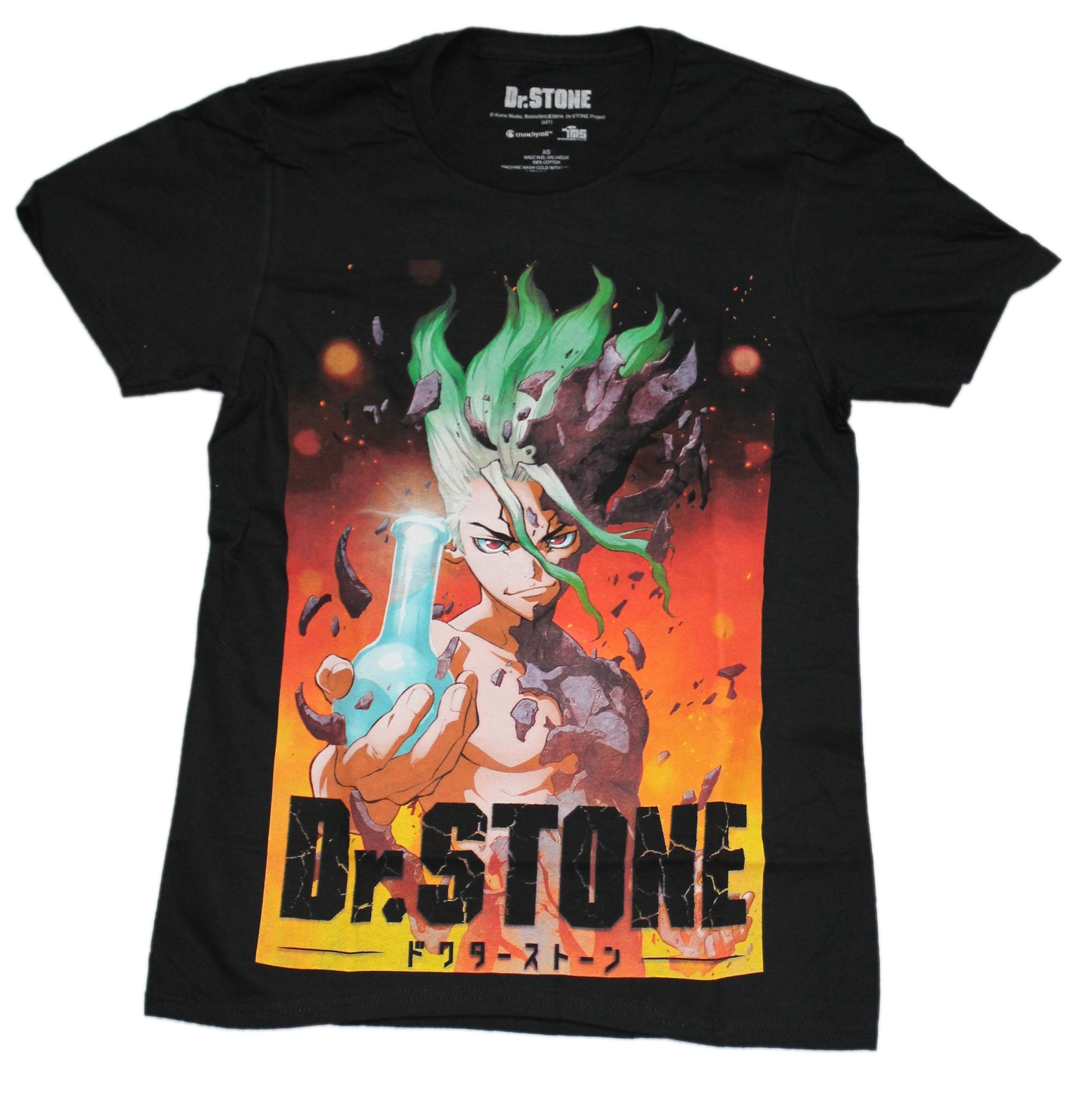 Dr. Stone New Adult T-Shirt – Senku Holding Beaker Over Logo