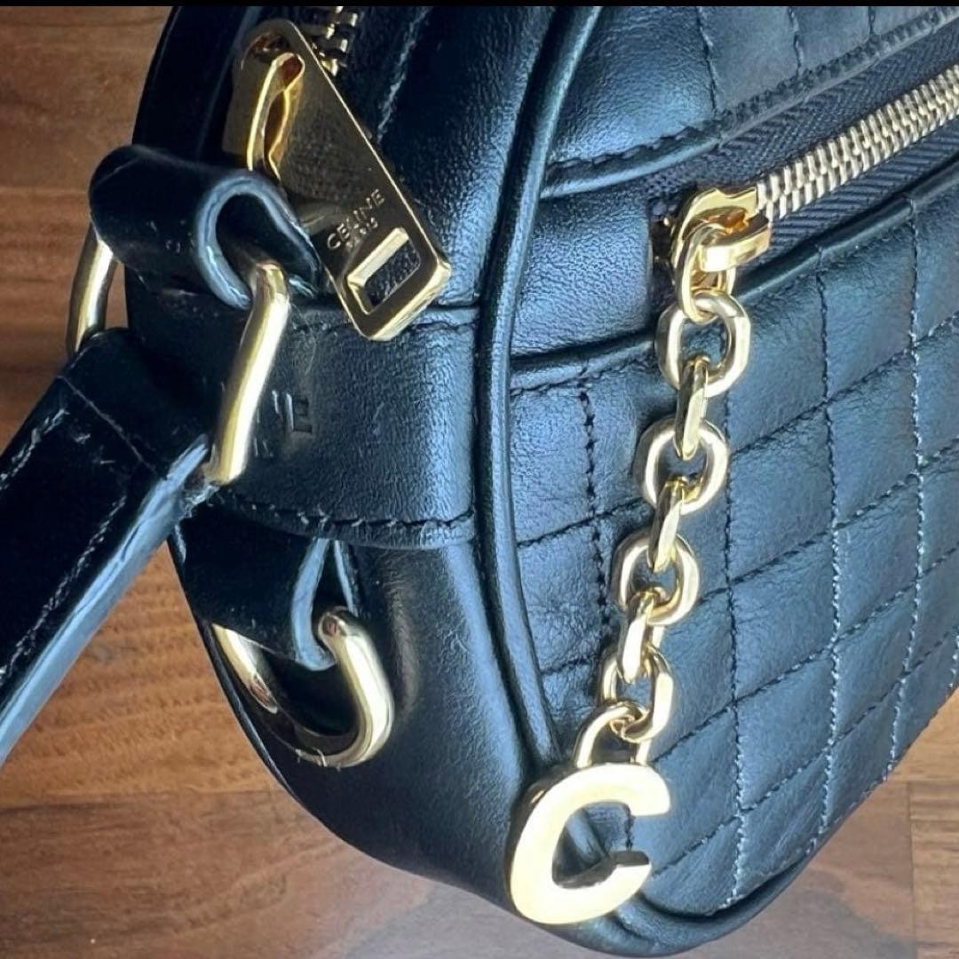 Celine C Charm Quilted Leather Shoulder Bag Black Authentic Small Crossbody